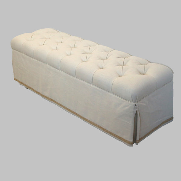 Tufted Cream Upholstered Bench w/ Gold Stripe