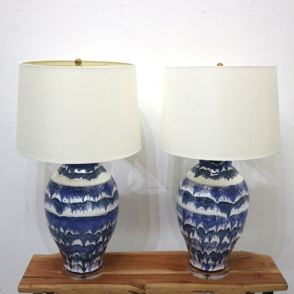 Pair of Paul Schneider Drip Banded Blue & White Ceramic Lamps