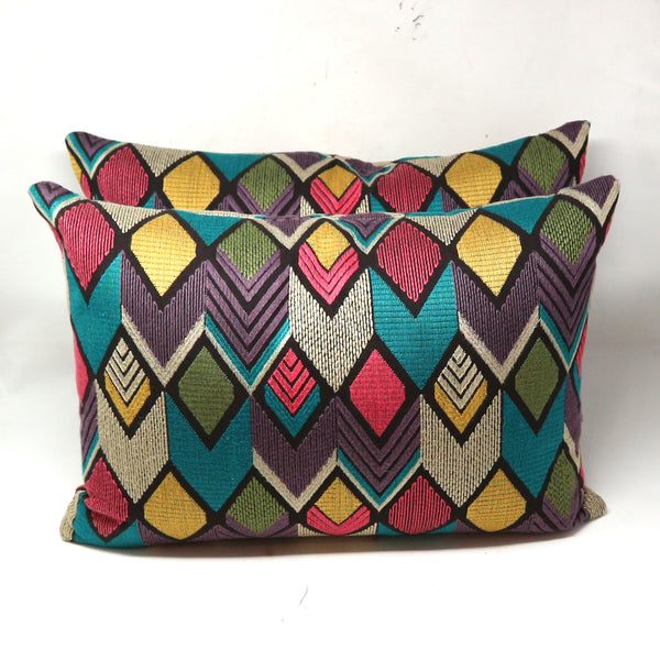 Pair of Custom Multicolor Geometric Down Filled Lumbar Pillows
