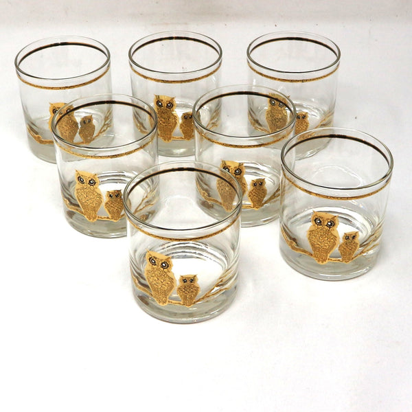 Set of 7 MCM Culver 22K Owl Lowball Glasses