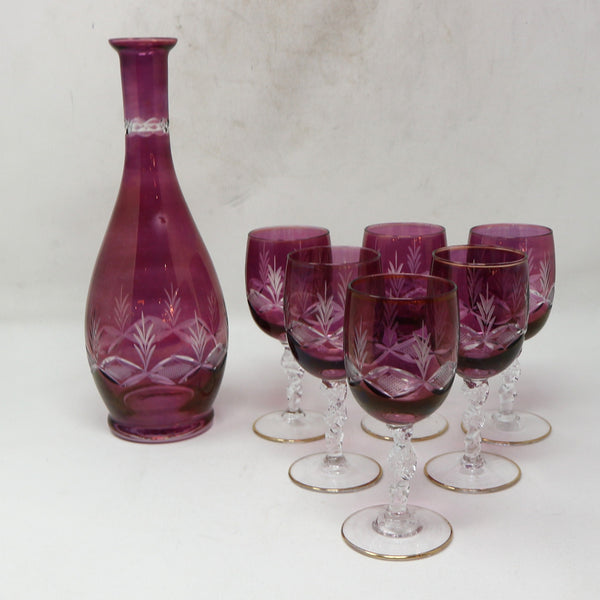 Cranberry Crystal Etched Decanter & 6 Glasses