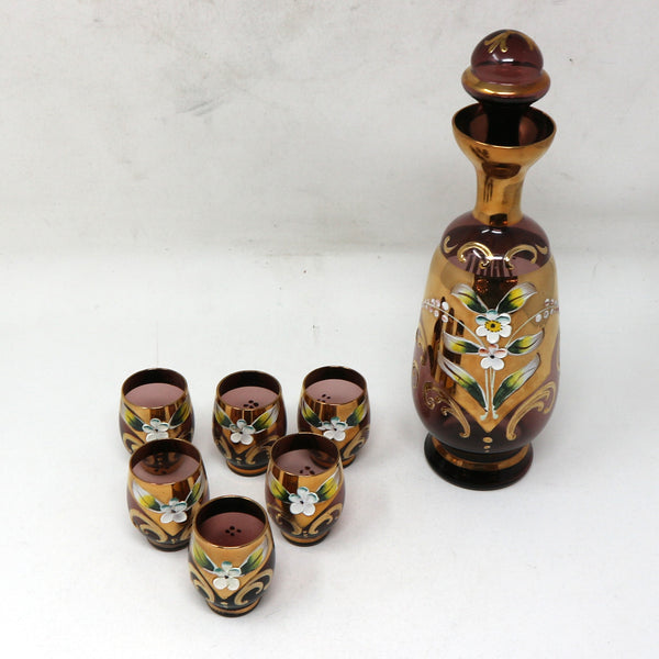 Vintage Gold & Enamel Glass Decanter & Glasses