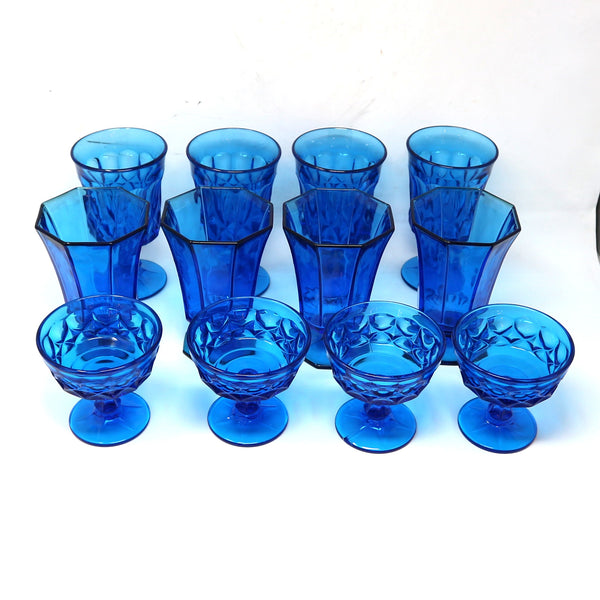 Set of 12 Vintage Cobalt Blue Glasses Champagne, Wine, & Water