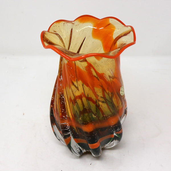 Murano Orange & Green Art Glass Vase