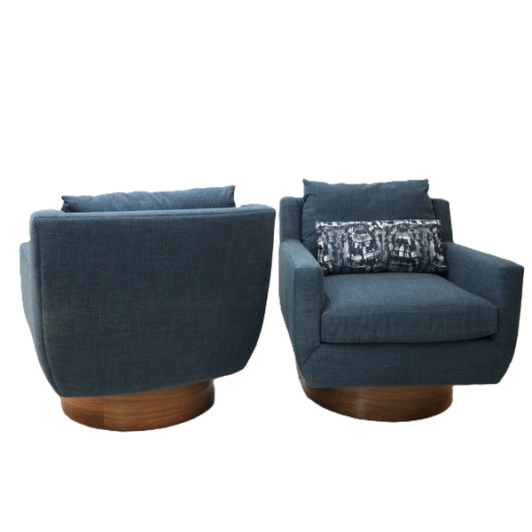Pair of Custom Denim & Walnut Swivel Chairs
