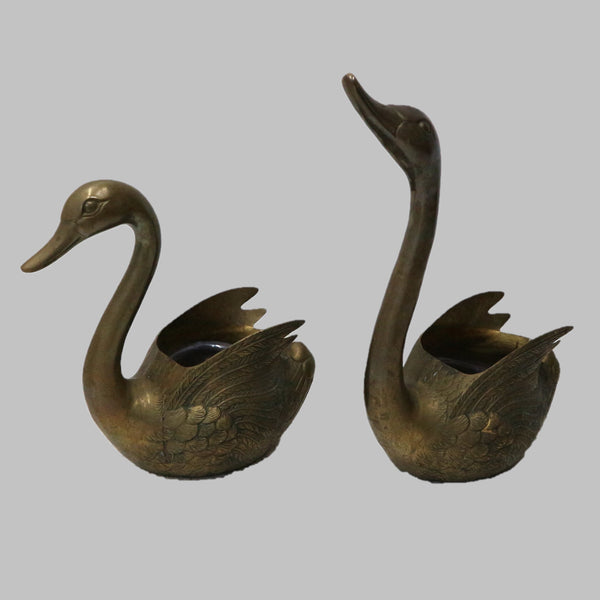 Set of 2 Vintage Brass Swan Planters