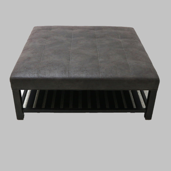 Arhaus Butler Leather Biscuit Tufted Ottoman w/ Two Trays