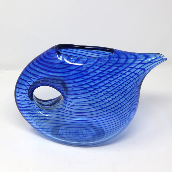 Blue Striped Art Glass Pitcher -Signed