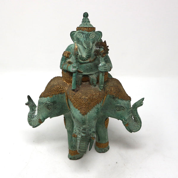 3-Headed Bronze & 22K Gold Elephant Ganesh