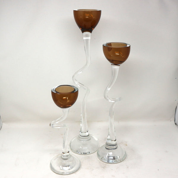 Set of 3 Amber Glass Candle Holders