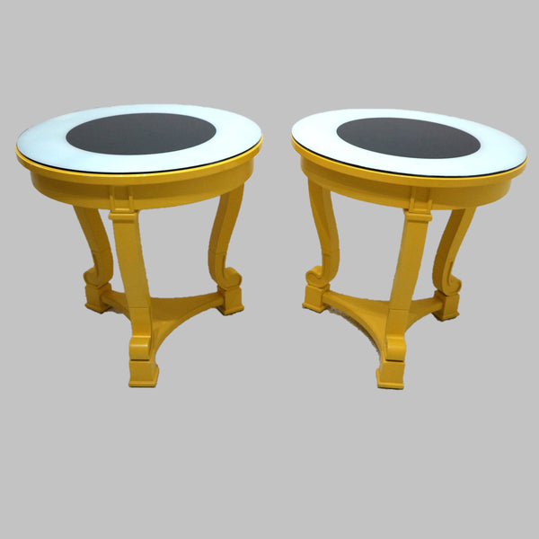 Pair of Yellow Bullseyes Glass Top Side Tables