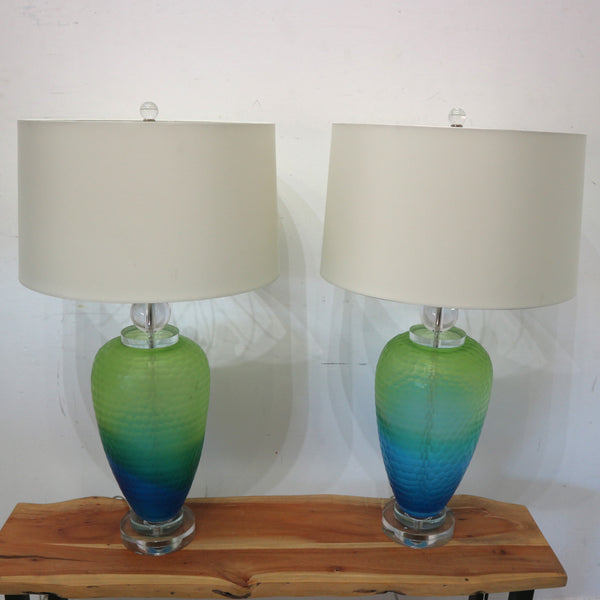 Pair of Puffer Blue & Green Glass Lamps