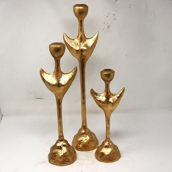 Set of 3 Gold Leaf Cast Iron Candle Holders