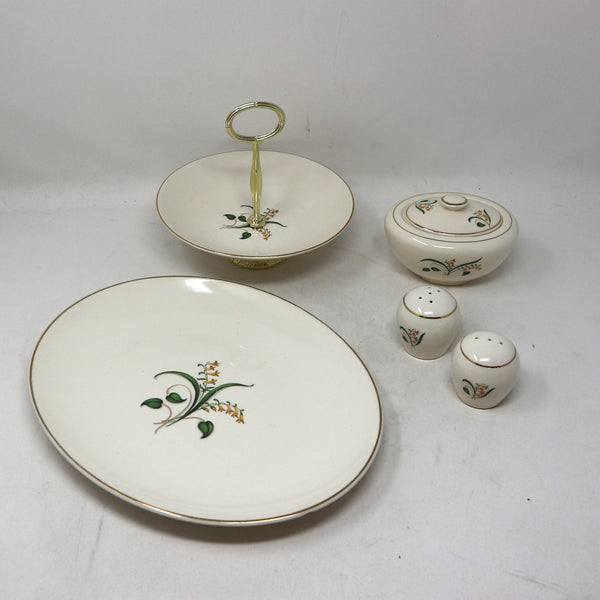 Set of 5 Edwin Knowles Forsythia Servers Platter, Salt & Pepper, Sugar Bowl, & Footed Bowl w/ Handle