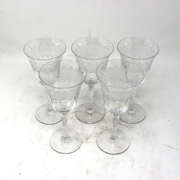 Set of 5 Fostoria Glass Needle Etched Clover Wine Glasses