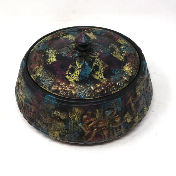 Multicolored Ceramic Lidded Pot w/ Relief