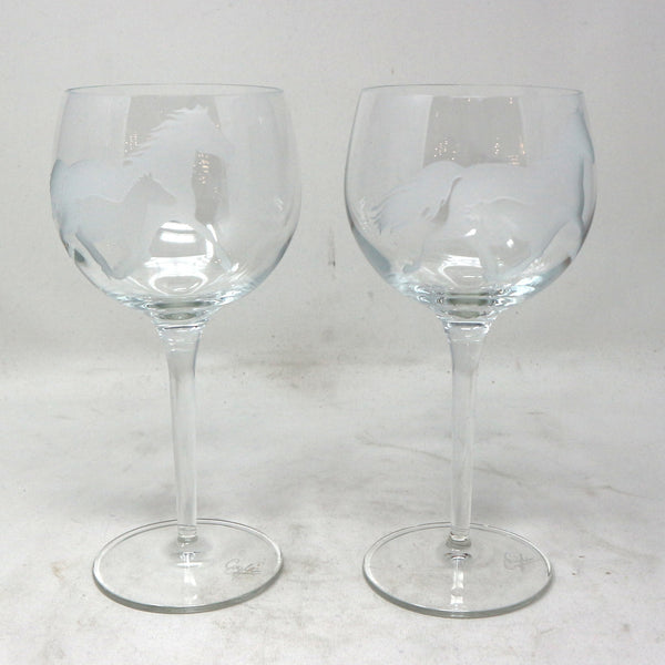 Pair of James Coyle Etched Horse Wine Glasses