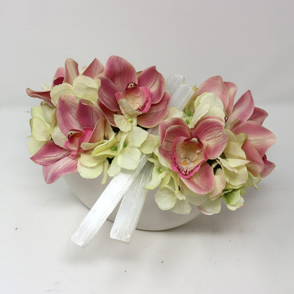 Pink Orchids w/ Selenite in White Oval Ceramic Vase
