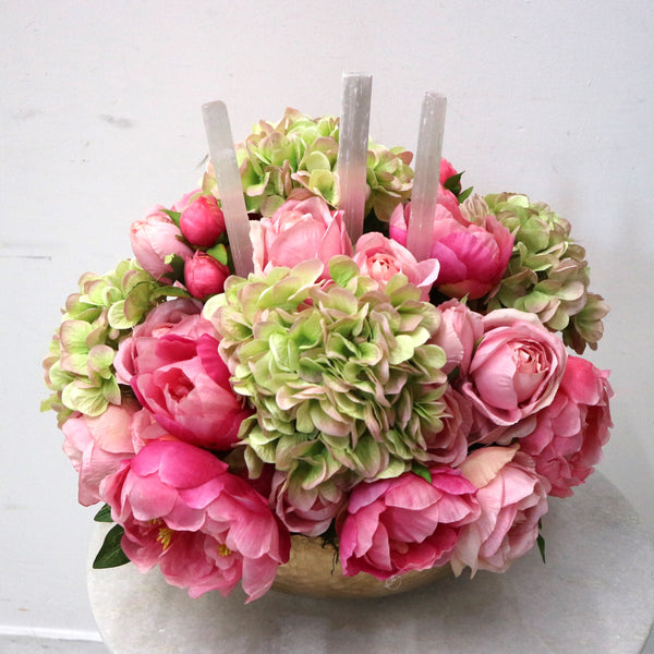 XL Green Hydrangea & Pink Peonies w/ Selenite in Gold Bowl