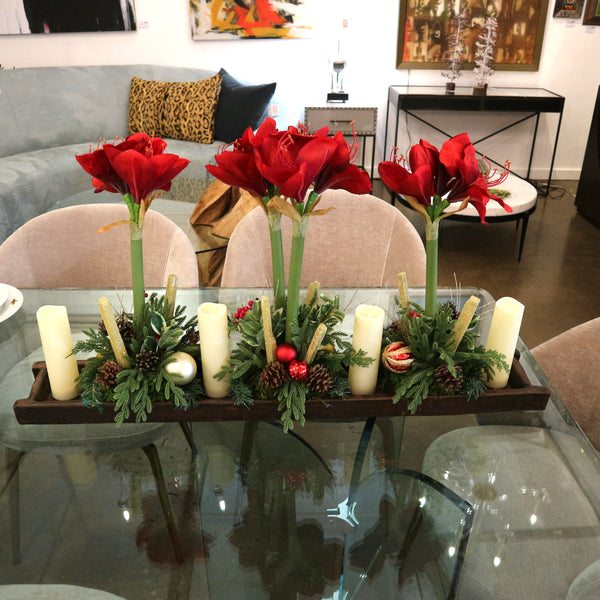 Red Amaryllis w/ Candles in Wood Tray