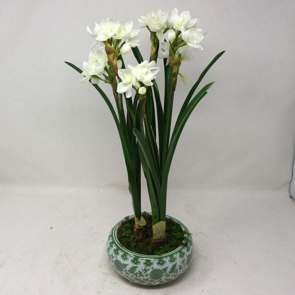 White Paper Lilies in Green Oriental Container