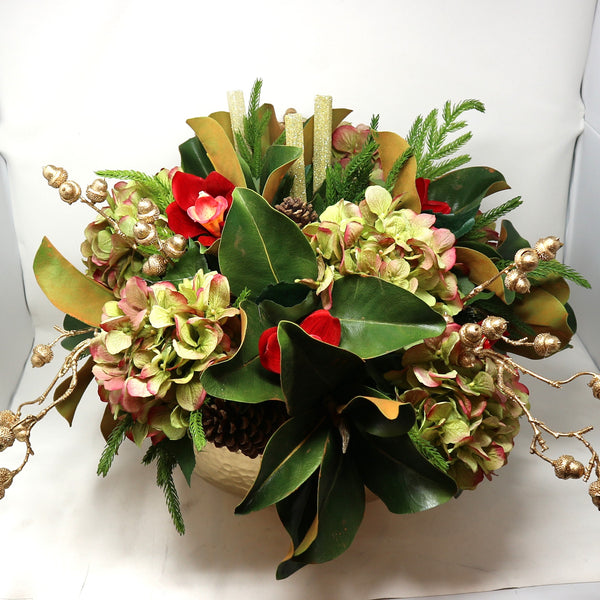 Hydrangeas & Orchids w/ Selenite in Gold Bowl