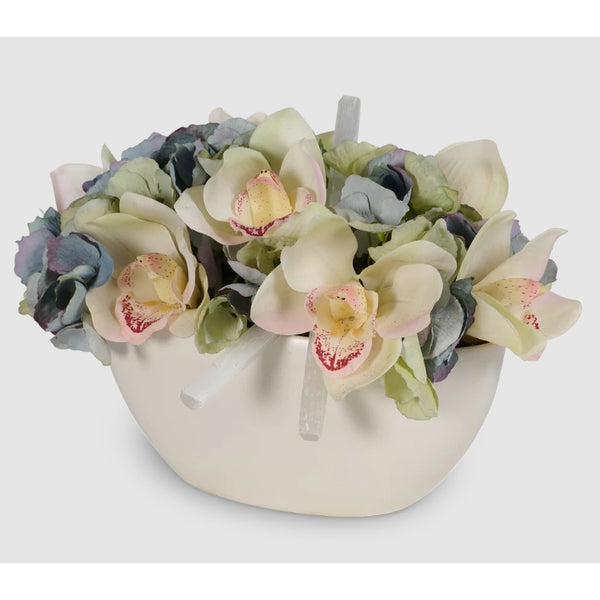 Hydrangea & Orchid in White Container w/Selenite