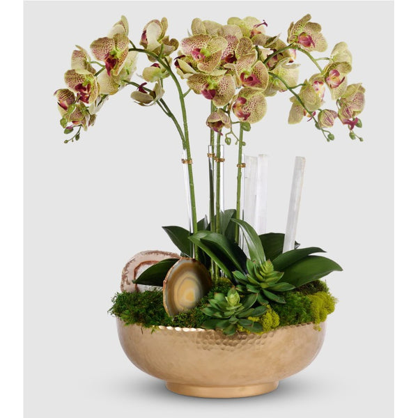 Green Orchids in Gold Hammered Bowl w/Selenite & Agate Slabs