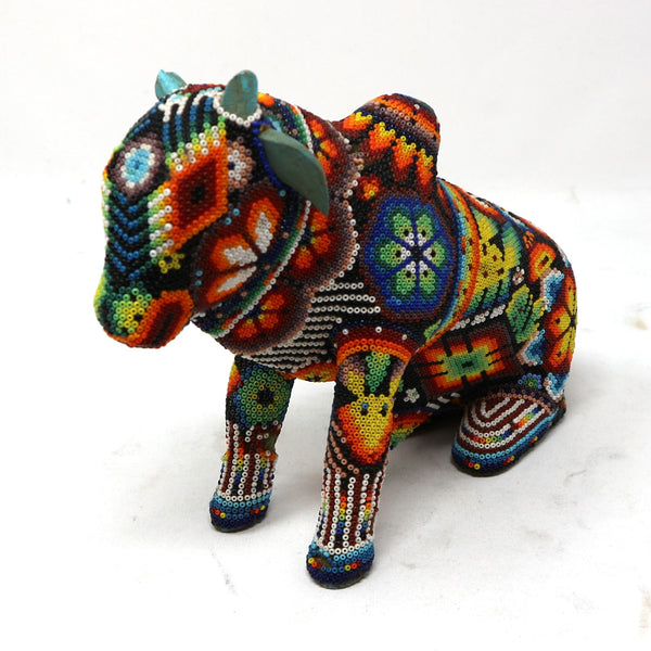 Huichol Mexican Folk Art Bull Sculpture Hand Made by Santos Bautos