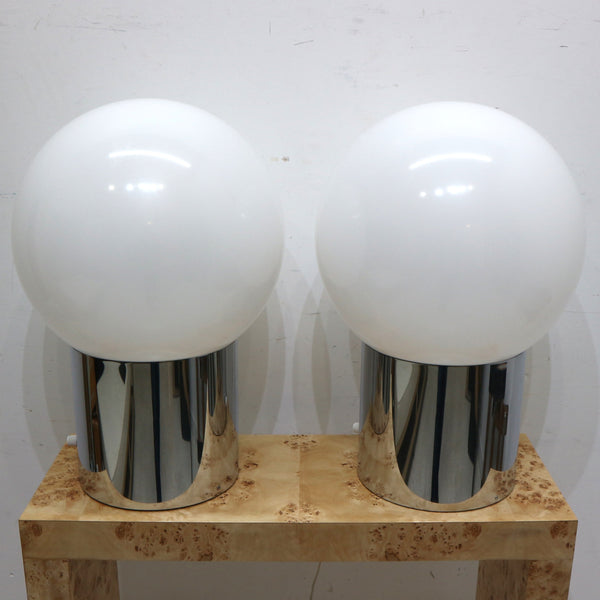 Pair of Vintage Sonneman for Kovacs White Chrome & White Globe Lamps